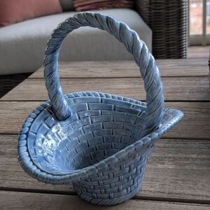 Vintage Handpainted Blue Glazed Ceramic Basket with Handle